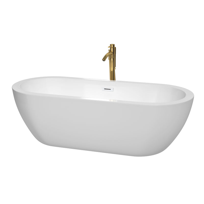 Wyndham Soho 72" Soaking Bathtub In White With Shiny White Trim And Floor Mounted Faucet In Brushed Gold WCOBT100272SWATPGD