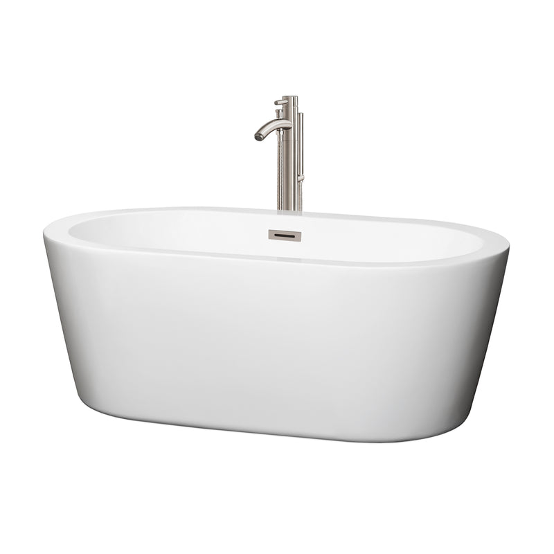 Wyndham Mermaid 60" Freestanding Bathtub In White With Floor Mounted Faucet Drain And Overflow Trim In Brushed Nickel WCOBT100360ATP11BN