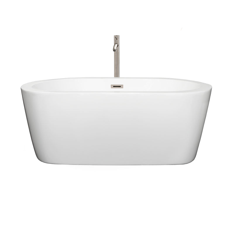 Wyndham Mermaid 60" Freestanding Bathtub in White with Floor Mounted Faucet Drain and Overflow Trim in Brushed Nickel WCOBT100360ATP11BN