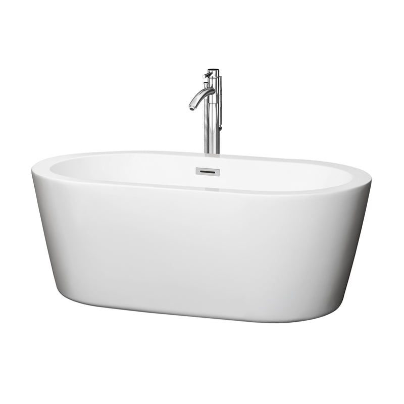 Wyndham Mermaid 60" Freestanding Bathtub In White With Floor Mounted Faucet Drain And Overflow Trim In Polished Chrome WCOBT100360ATP11PC