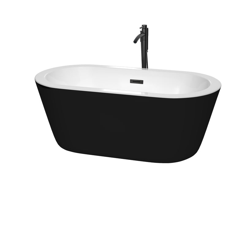 Wyndham Mermaid 60" Freestanding Bathtub In White Black Exterior With Floor Mounted Faucet Drain And Overflow Trim In Matte Black WCOBT100360BKMBATPBK