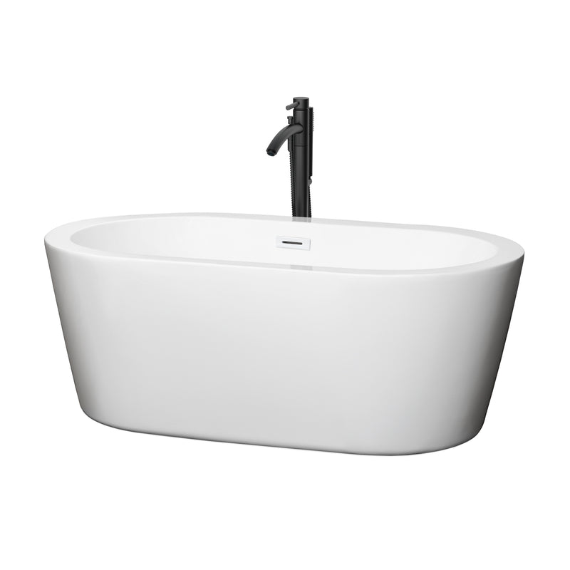 Wyndham Mermaid 60" Freestanding Bathtub In White With Shiny White Trim And Floor Mounted Faucet In Matte Black WCOBT100360SWATPBK