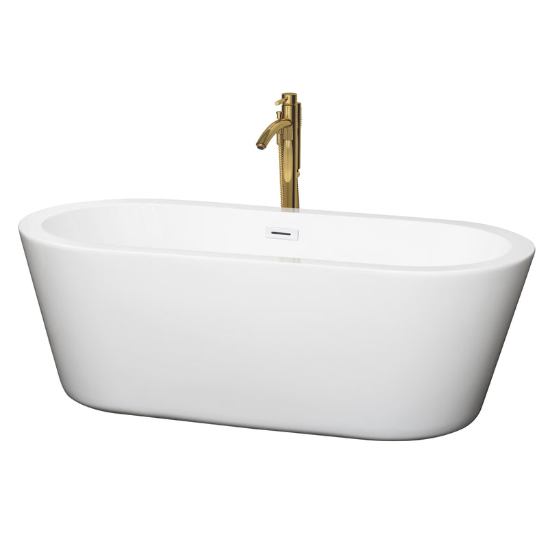 Wyndham Mermaid 67" Freestanding Bathtub In White With Shiny White Trim And Floor Mounted Faucet In Brushed Gold WCOBT100367SWATPGD