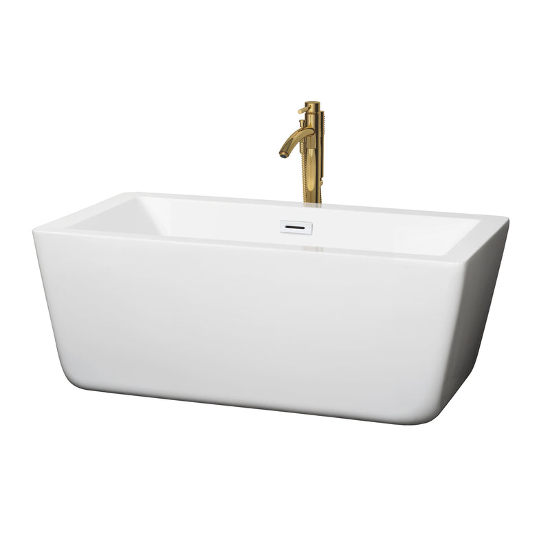 Wyndham Laura 59" Soaking Bathtub In White With Shiny White Trim And Floor Mounted Faucet In Brushed Gold WCOBT100559SWATPGD