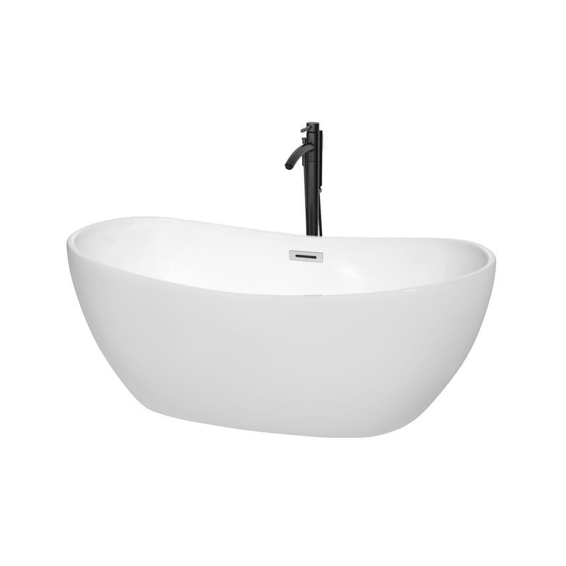 Wyndham Rebecca 60" Soaking Bathtub In White With Polished Chrome Trim And Floor Mounted Faucet In Matte Black WCOBT101460PCATPBK