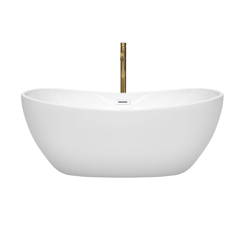 Wyndham Rebecca 60" Soaking Bathtub in White with Shiny White Trim and Floor Mounted Faucet in Brushed Gold WCOBT101460SWATPGD