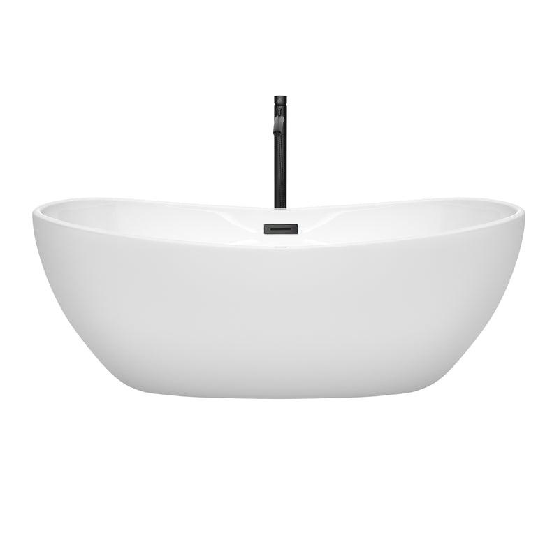 Wyndham Rebecca 65" Soaking Bathtub in White with Floor Mounted Faucet Drain and Overflow Trim in Matte Black WCOBT101465MBATPBK