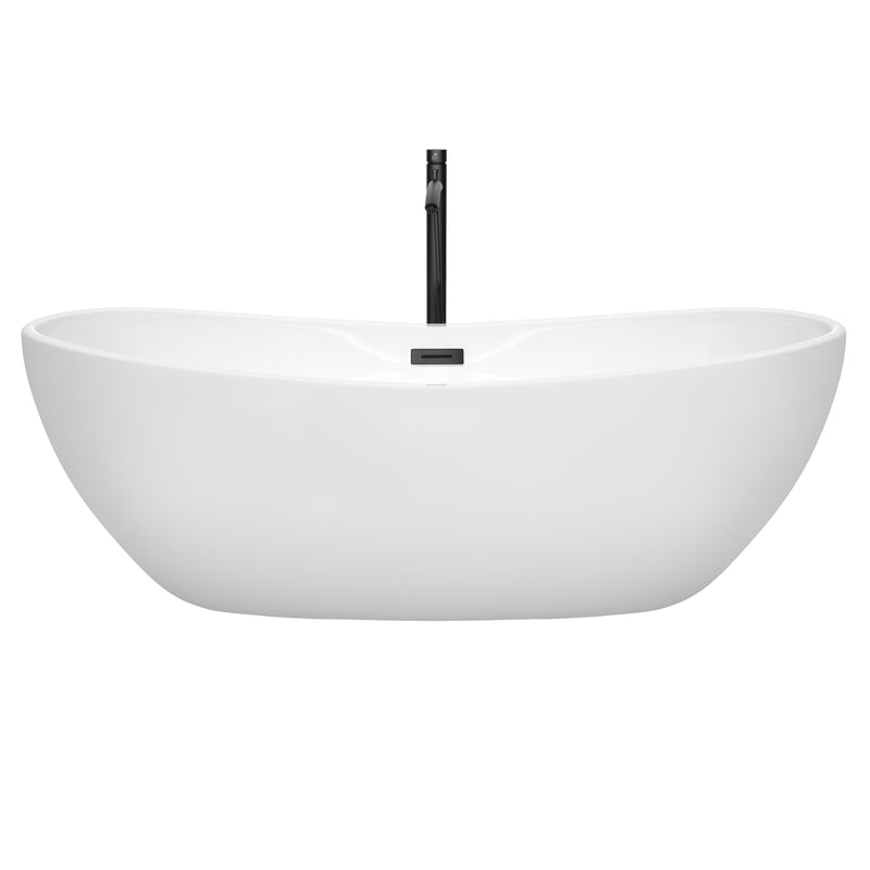 Wyndham Rebecca 70" Soaking Bathtub in White with Floor Mounted Faucet Drain and Overflow Trim in Matte Black WCOBT101470MBATPBK