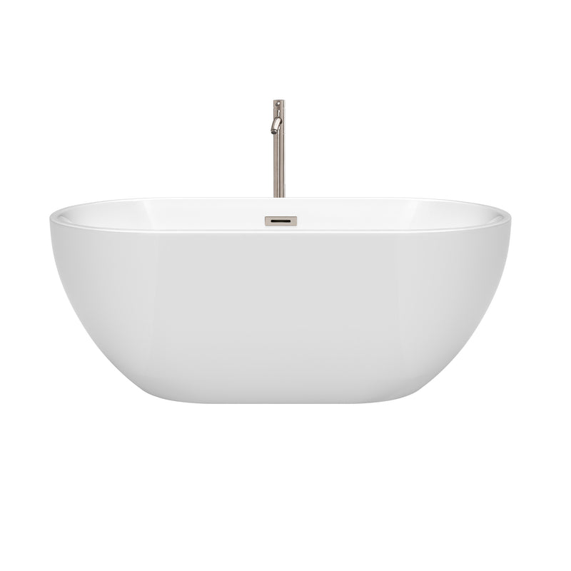 Wyndham Brooklyn 60" Soaking Bathtub in White with Floor Mounted Faucet Drain and Overflow Trim in Brushed Nickel WCOBT200060ATP11BN