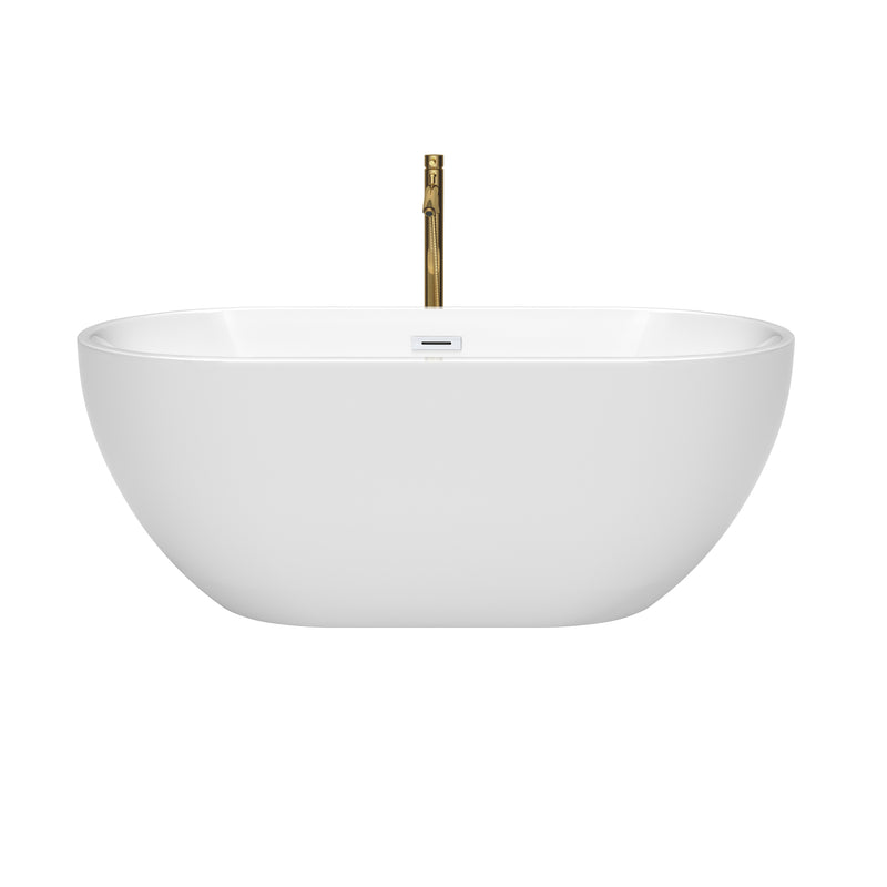 Wyndham Brooklyn 60" Soaking Bathtub in White with Shiny White Trim and Floor Mounted Faucet in Brushed Gold WCOBT200060SWATPGD