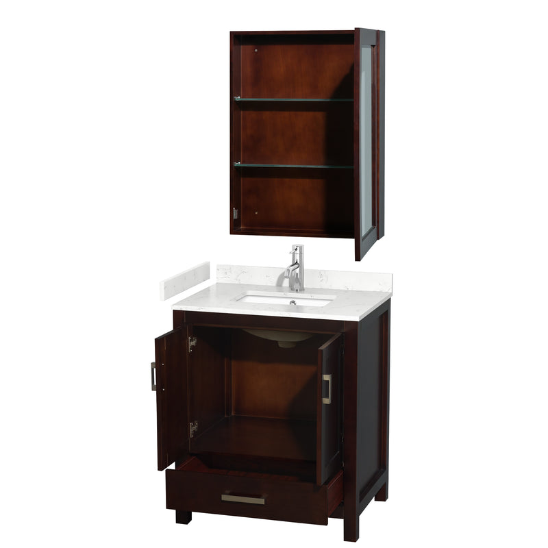 Wyndham Sheffield 30" Single Bathroom Vanity In Espresso with Carrara Cultured Marble Countertop Undermount Square Sink and Medicine Cabinet WCS141430SESC2UNSMED