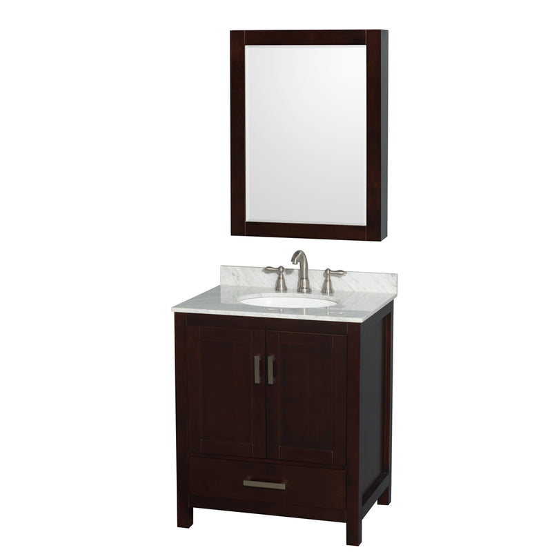 Wyndham Sheffield 30" Single Bathroom Vanity In Espresso With White Carrara Marble Countertop Undermount Oval Sink And Medicine Cabinet WCS141430SESCMUNOMED