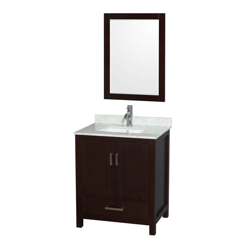 Wyndham Sheffield 30" Single Bathroom Vanity In Espresso With White Carrara Marble Countertop Undermount Square Sink And 24" Mirror WCS141430SESCMUNSM24