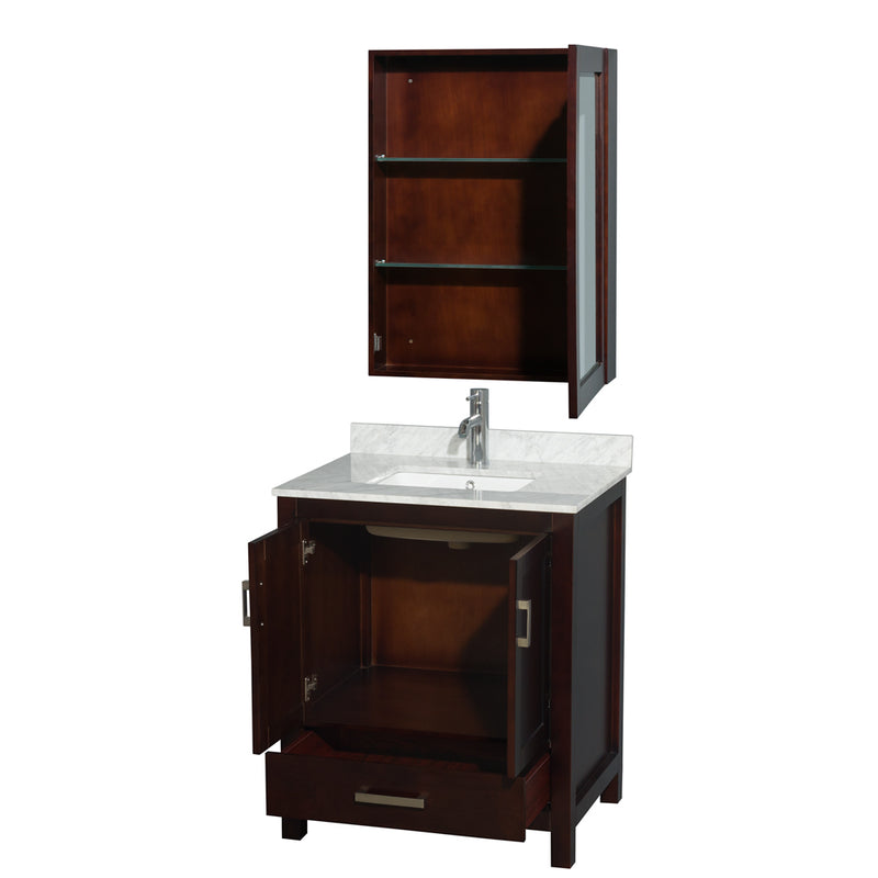 Wyndham Sheffield 30" Single Bathroom Vanity In Espresso with White Carrara Marble Countertop Undermount Square Sink and Medicine Cabinet WCS141430SESCMUNSMED