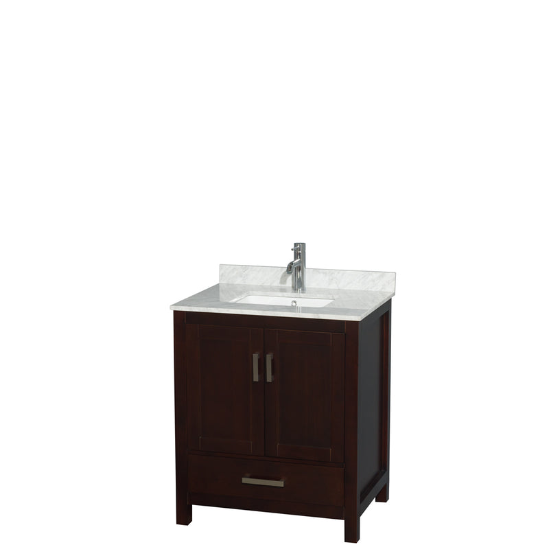 Wyndham Sheffield 30" Single Bathroom Vanity In Espresso With White Carrara Marble Countertop Undermount Square Sink And No Mirror WCS141430SESCMUNSMXX