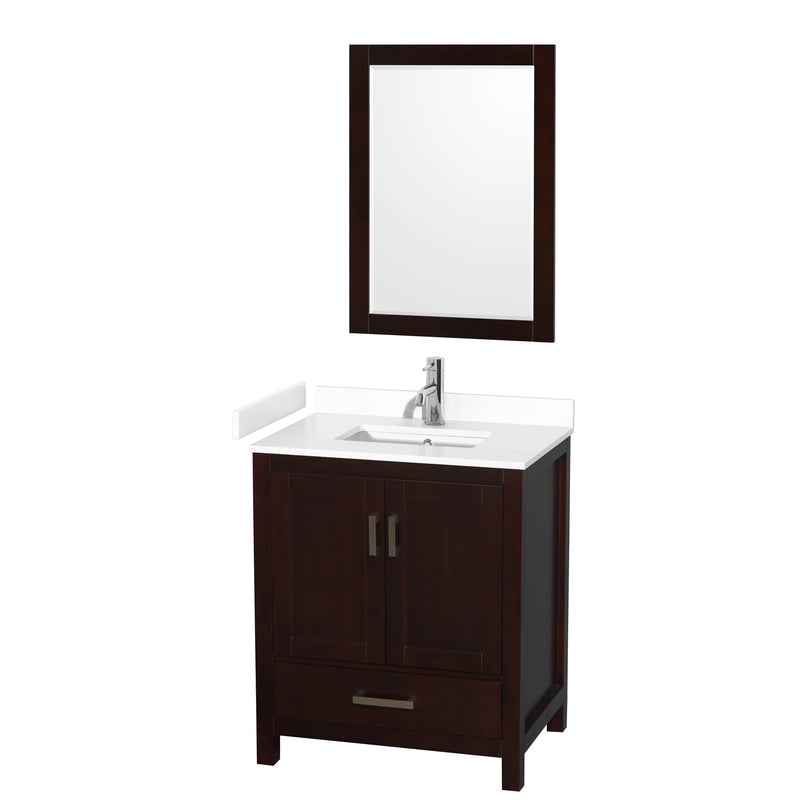 Wyndham Sheffield 30" Single Bathroom Vanity In Espresso With White Cultured Marble Countertop Undermount Square Sink And 24" Mirror WCS141430SESWCUNSM24