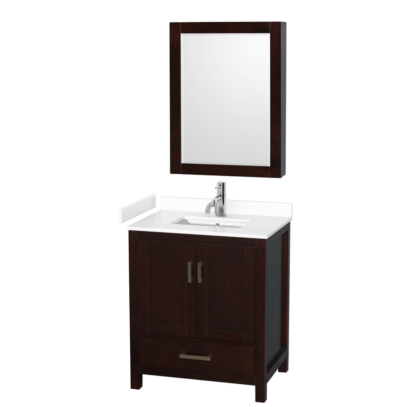 Wyndham Sheffield 30" Single Bathroom Vanity In Espresso With White Cultured Marble Countertop Undermount Square Sink And Medicine Cabinet WCS141430SESWCUNSMED