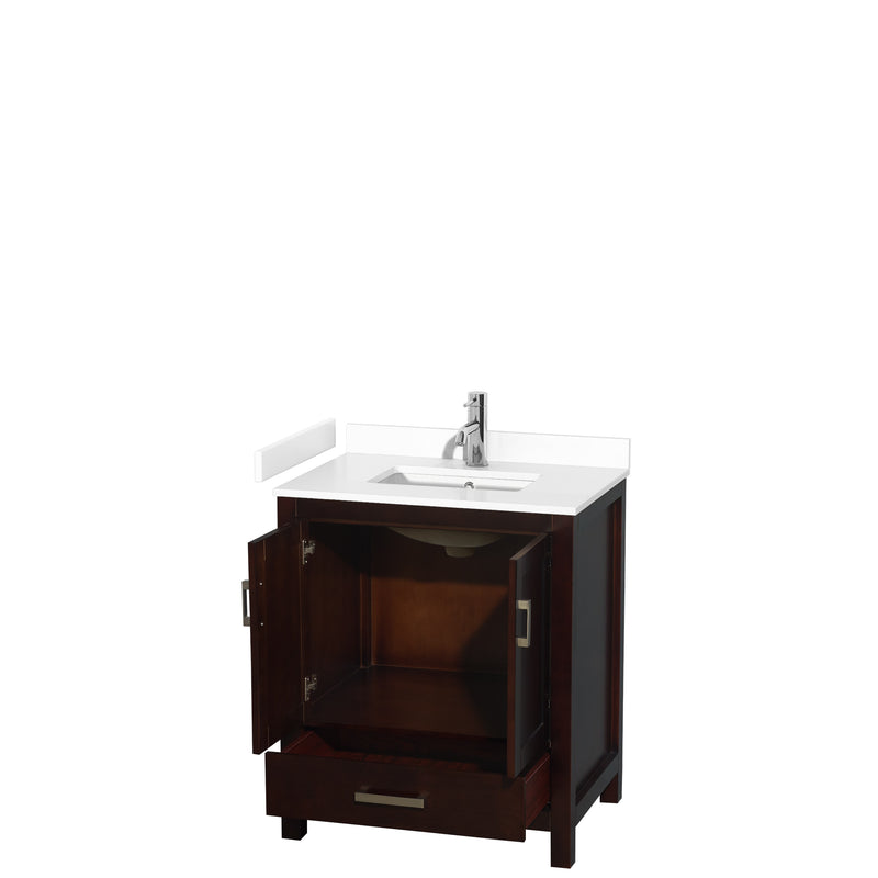 Wyndham Sheffield 30" Single Bathroom Vanity In Espresso with White Cultured Marble Countertop Undermount Square Sink and No Mirror WCS141430SESWCUNSMXX