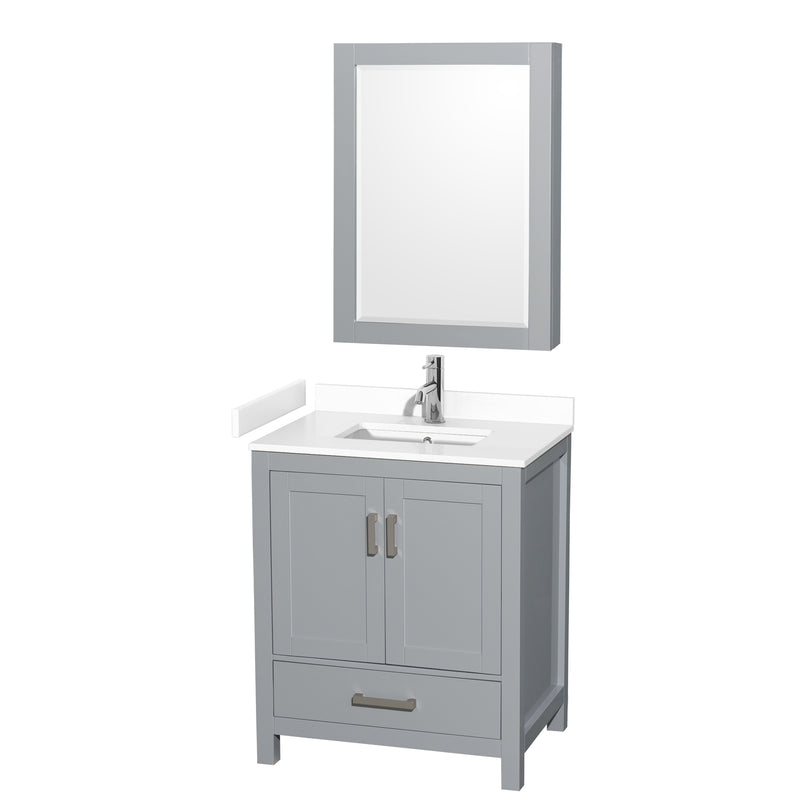 Wyndham Sheffield 30" Single Bathroom Vanity In Gray With White Cultured Marble Countertop Undermount Square Sink And Medicine Cabinet WCS141430SGYWCUNSMED