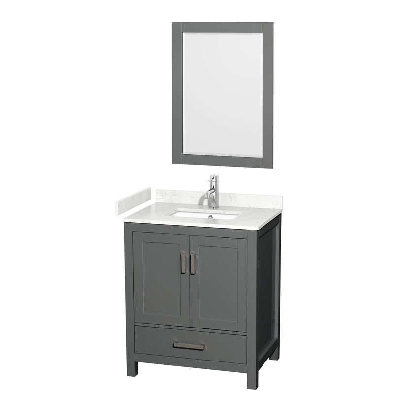 Wyndham Sheffield 30" Single Bathroom Vanity In Dark Gray With Carrara Cultured Marble Countertop Undermount Square Sink And 24" Mirror WCS141430SKGC2UNSM24