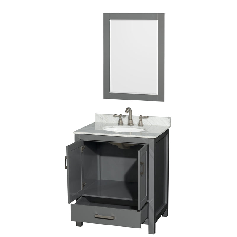 Wyndham Sheffield 30" Single Bathroom Vanity In Dark Gray with White Carrara Marble Countertop Undermount Oval Sink and 24" Mirror WCS141430SKGCMUNOM24