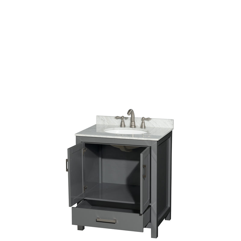 Wyndham Sheffield 30" Single Bathroom Vanity In Dark Gray with White Carrara Marble Countertop Undermount Oval Sink and No Mirror WCS141430SKGCMUNOMXX