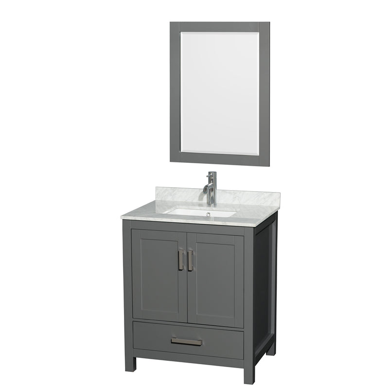 Wyndham Sheffield 30" Single Bathroom Vanity In Dark Gray With White Carrara Marble Countertop Undermount Square Sink And 24" Mirror WCS141430SKGCMUNSM24