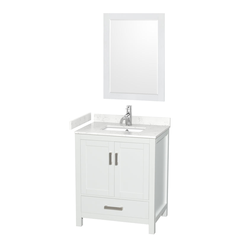 Wyndham Sheffield 30" Single Bathroom Vanity In White With Carrara Cultured Marble Countertop Undermount Square Sink And 24" Mirror WCS141430SWHC2UNSM24