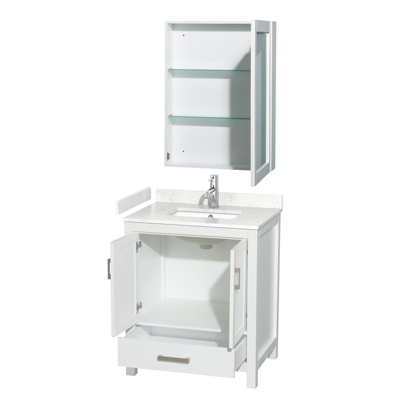 Wyndham Sheffield 30" Single Bathroom Vanity In White with Carrara Cultured Marble Countertop Undermount Square Sink and Medicine Cabinet WCS141430SWHC2UNSMED