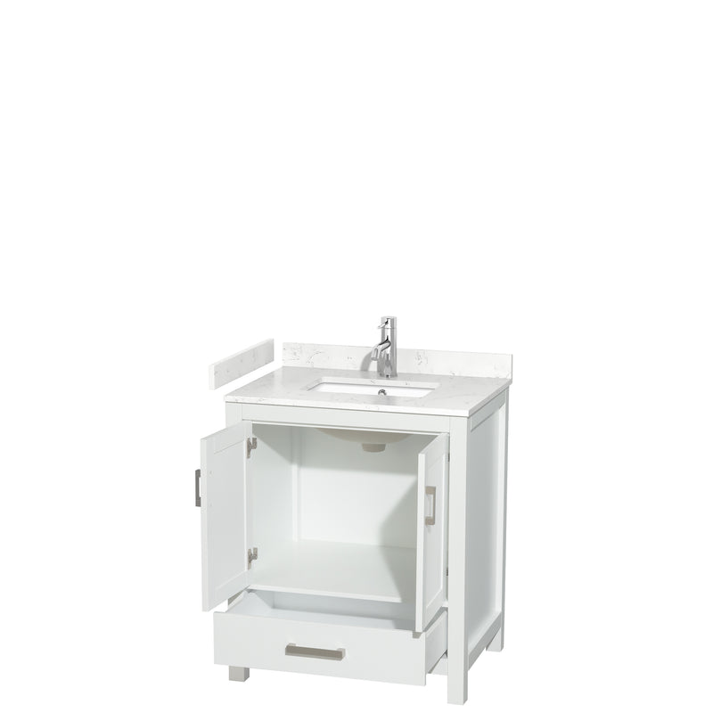 Wyndham Sheffield 30" Single Bathroom Vanity In White with Carrara Cultured Marble Countertop Undermount Square Sink and No Mirror WCS141430SWHC2UNSMXX