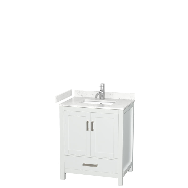 Wyndham Sheffield 30" Single Bathroom Vanity In White With Carrara Cultured Marble Countertop Undermount Square Sink And No Mirror WCS141430SWHC2UNSMXX