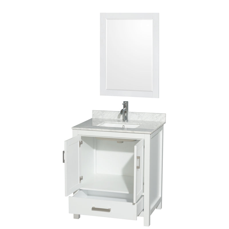 Wyndham Sheffield 30" Single Bathroom Vanity In White with White Carrara Marble Countertop Undermount Square Sink and 24" Mirror WCS141430SWHCMUNSM24