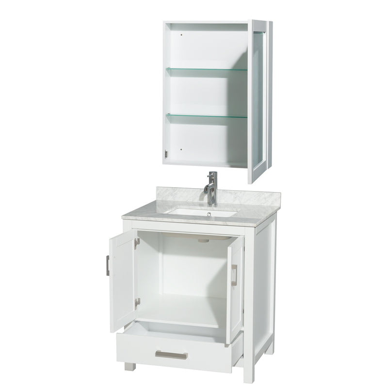 Wyndham Sheffield 30" Single Bathroom Vanity In White with White Carrara Marble Countertop Undermount Square Sink and Medicine Cabinet WCS141430SWHCMUNSMED