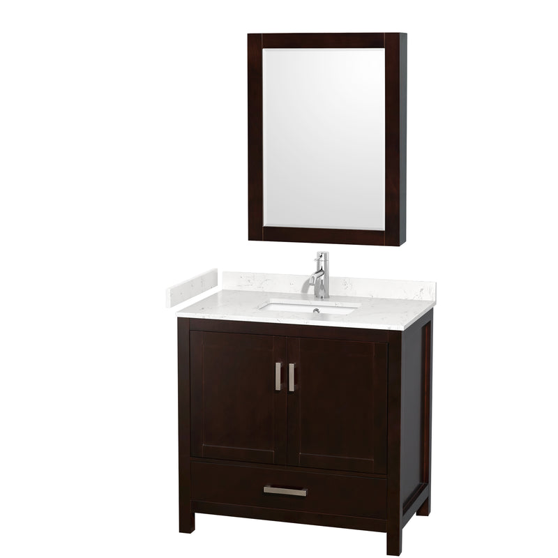 Wyndham Sheffield 36" Single Bathroom Vanity In Espresso With Carrara Cultured Marble Countertop Undermount Square Sink And Medicine Cabinet WCS141436SESC2UNSMED