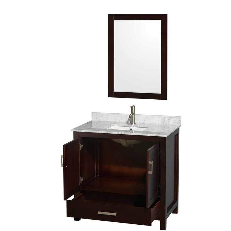 Wyndham Sheffield 36" Single Bathroom Vanity In Espresso White Carrara Marble Countertop Undermount Square Sink and 24" Mirror WCS141436SESCMUNSM24