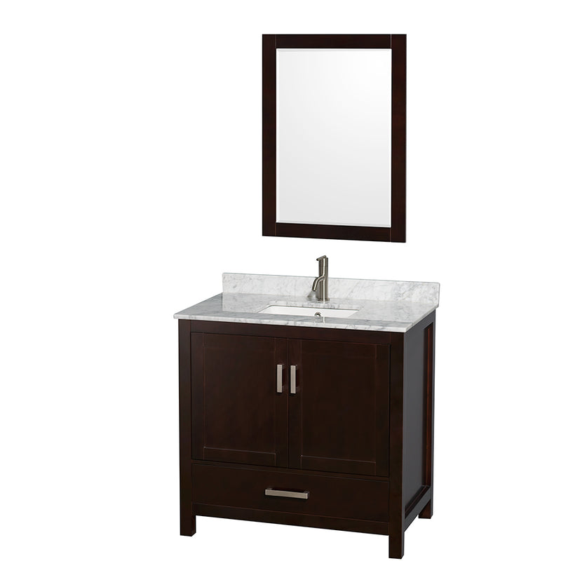 Wyndham Sheffield 36" Single Bathroom Vanity In Espresso White Carrara Marble Countertop Undermount Square Sink And 24" Mirror WCS141436SESCMUNSM24