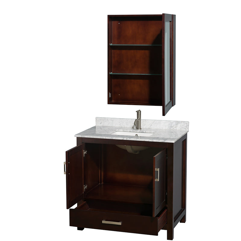 Wyndham Sheffield 36" Single Bathroom Vanity In Espresso White Carrara Marble Countertop Undermount Square Sink and Medicine Cabinet WCS141436SESCMUNSMED