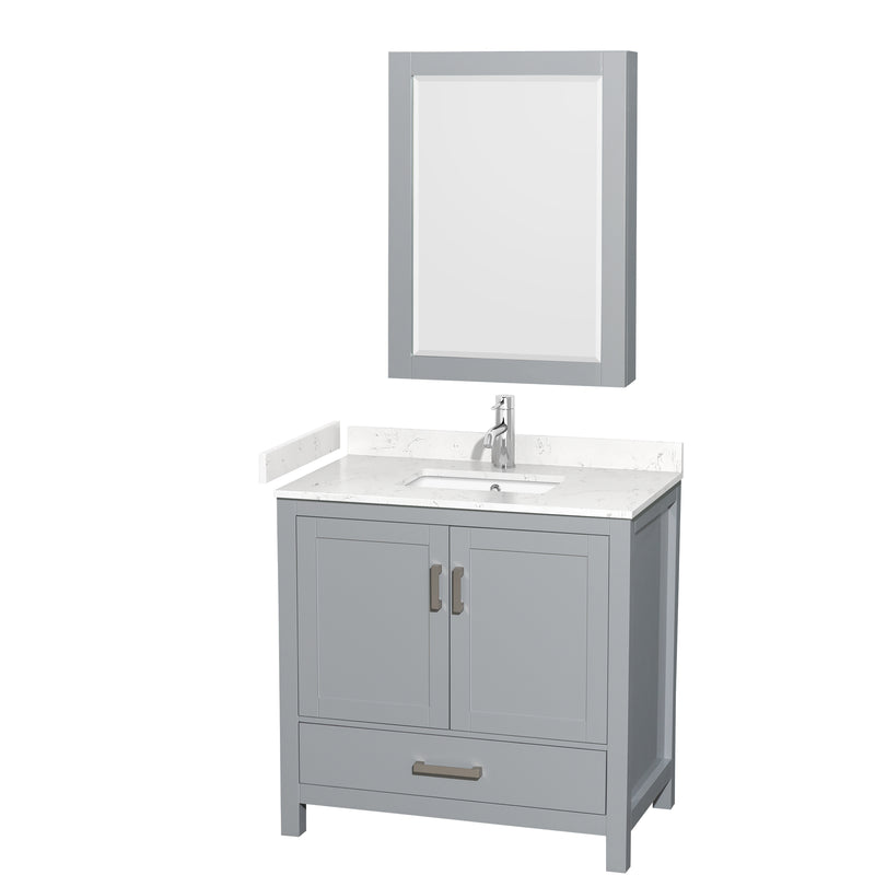 Wyndham Sheffield 36" Single Bathroom Vanity In Gray With Carrara Cultured Marble Countertop Undermount Square Sink And Medicine Cabinet WCS141436SGYC2UNSMED