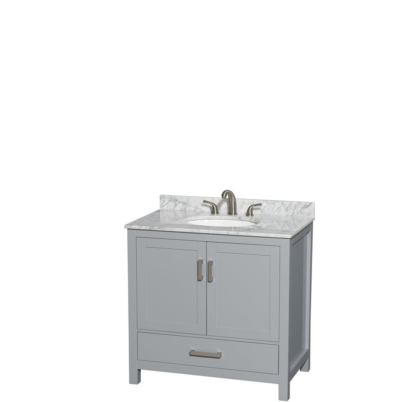 Wyndham Sheffield 36" Single Bathroom Vanity In Gray With White Carrara Marble Countertop Undermount Oval Sink And No Mirror WCS141436SGYCMUNOMXX