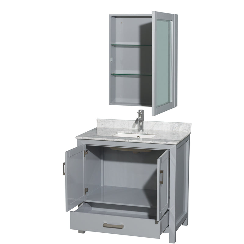 Wyndham Sheffield 36" Single Bathroom Vanity In Gray with White Carrara Marble Countertop Undermount Square Sink and Medicine Cabinet WCS141436SGYCMUNSMED