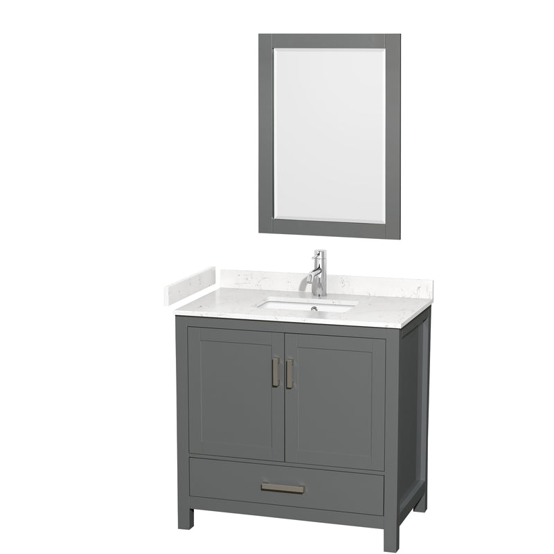 Wyndham Sheffield 36" Single Bathroom Vanity In Dark Gray With Carrara Cultured Marble Countertop Undermount Square Sink And 24" Mirror WCS141436SKGC2UNSM24