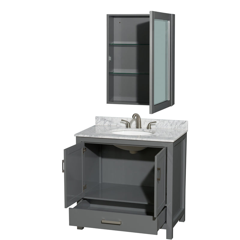 Wyndham Sheffield 36" Single Bathroom Vanity In Dark Gray with White Carrara Marble Countertop Undermount Oval Sink and Medicine Cabinet WCS141436SKGCMUNOMED