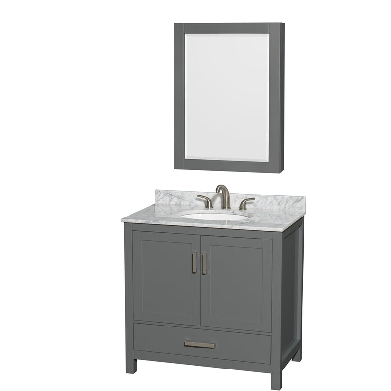 Wyndham Sheffield 36" Single Bathroom Vanity In Dark Gray With White Carrara Marble Countertop Undermount Oval Sink And Medicine Cabinet WCS141436SKGCMUNOMED