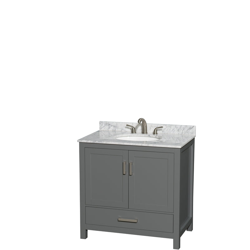 Wyndham Sheffield 36" Single Bathroom Vanity In Dark Gray With White Carrara Marble Countertop Undermount Oval Sink And No Mirror WCS141436SKGCMUNOMXX