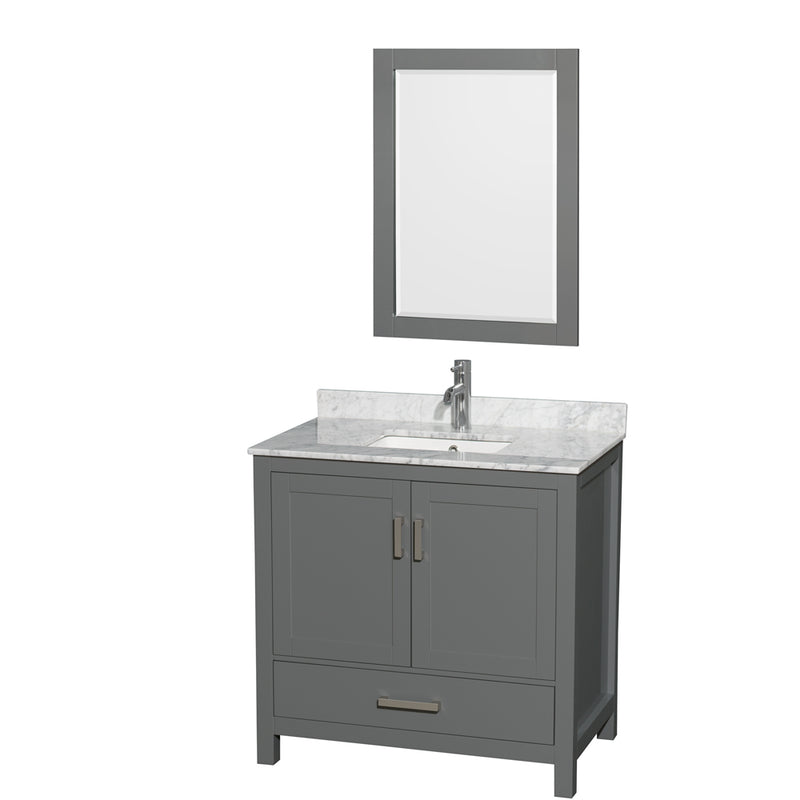 Wyndham Sheffield 36" Single Bathroom Vanity In Dark Gray With White Carrara Marble Countertop Undermount Square Sink And 24" Mirror WCS141436SKGCMUNSM24