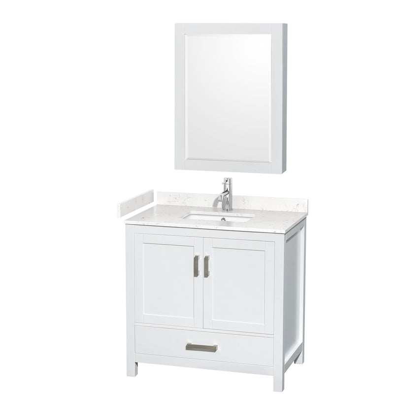 Wyndham Sheffield 36" Single Bathroom Vanity In White With Carrara Cultured Marble Countertop Undermount Square Sink And Medicine Cabinet WCS141436SWHC2UNSMED