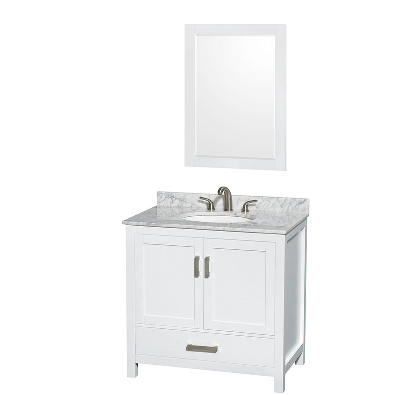 Wyndham Sheffield 36" Single Bathroom Vanity In White White Carrara Marble Countertop Undermount Oval Sink And 24" Mirror WCS141436SWHCMUNOM24