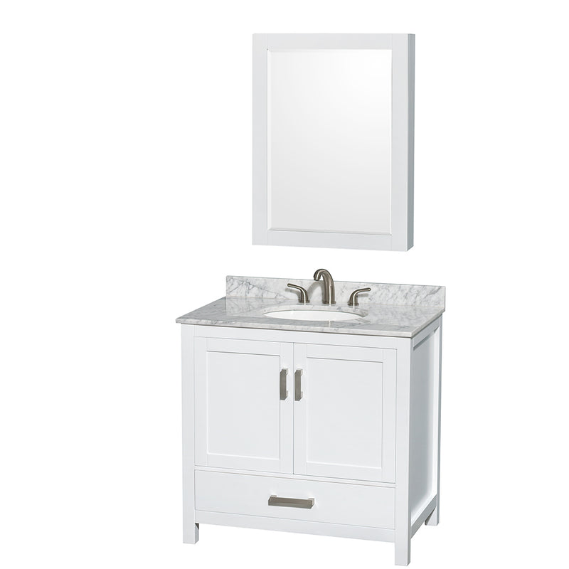 Wyndham Sheffield 36" Single Bathroom Vanity In White White Carrara Marble Countertop Undermount Oval Sink And Medicine Cabinet WCS141436SWHCMUNOMED