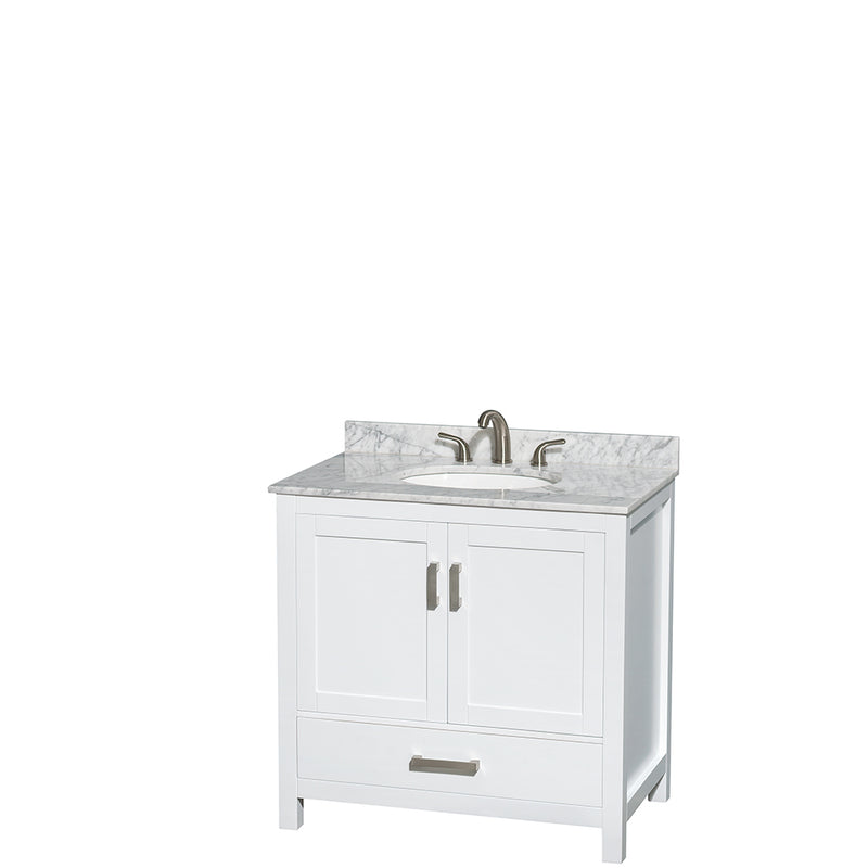 Wyndham Sheffield 36" Single Bathroom Vanity In White White Carrara Marble Countertop Undermount Oval Sink And No Mirror WCS141436SWHCMUNOMXX