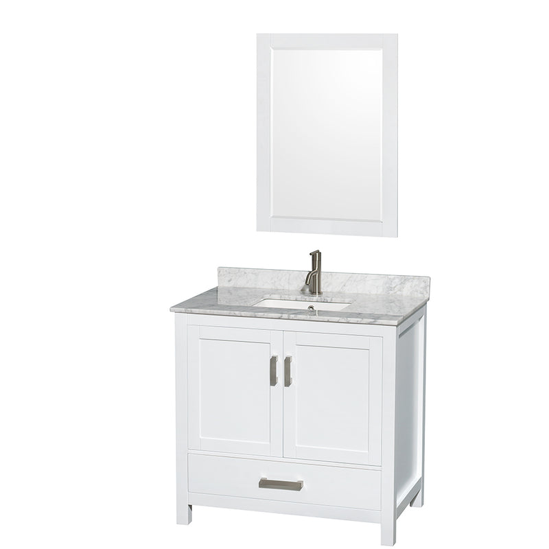 Wyndham Sheffield 36" Single Bathroom Vanity In White White Carrara Marble Countertop Undermount Square Sink And 24" Mirror WCS141436SWHCMUNSM24